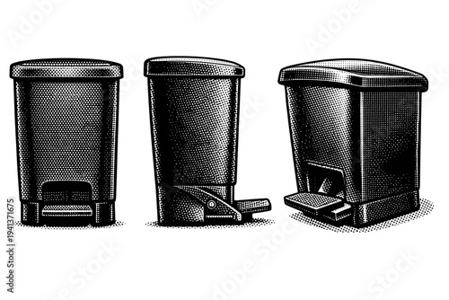 Trash bin pedal A realistic pedal-operated trash bin shown in three views: front view, side profile with pedal extended, and angled perspective, emphasizing