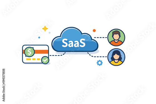 SaaS business model cloud platform icon connected to subscription card and user avatars, symbolizing recurring revenue and scalable online services. The