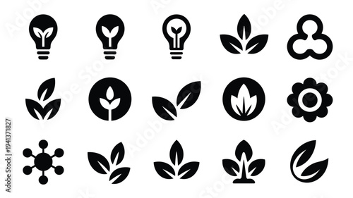 Eco friendly startup innovation logo set with leaves and lightbulbs on white background for sustainable business concepts