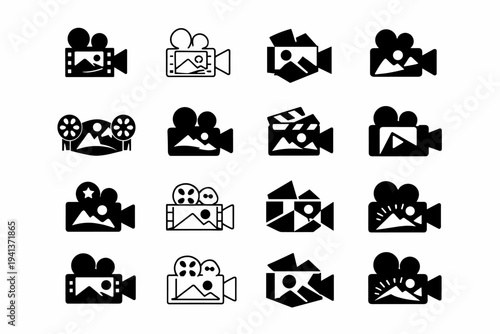 Art in film and visual media. Icon set. Set Logo of Art in film and visual media: visual storytelling scene. harmonious logo variations of the same emblematic