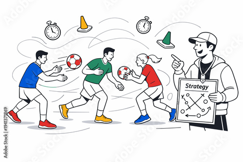 Team sports training routine. Athletes passing a ball in dynamic motion while cones and stopwatches float around, capturing rhythm and teamwork. A coach
