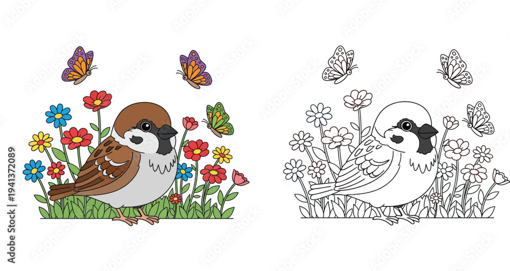 Fototapeta premium Cute cartoon sparrow bird in flower garden with butterflies, colored and outline black and white version. Vector illustration coloring book page for children.