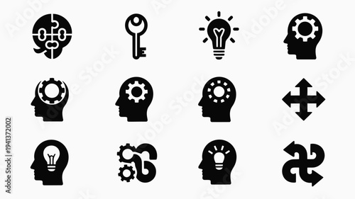 Collection of creative thinking icons featuring heads with gears light bulbs and puzzle pieces on white background