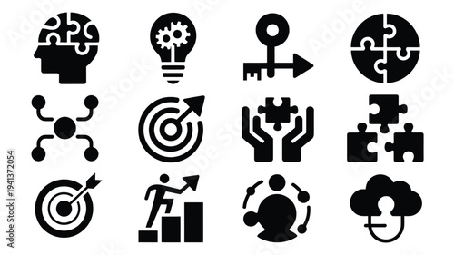 Collection of 12 bold black vector business icons for strategy planning and teamwork on white background