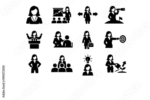 Women Leadership. Solid icon set of Women Leadership: woman leader, boardroom presentation, decision making, vision strategy, leadership podium, mentoring