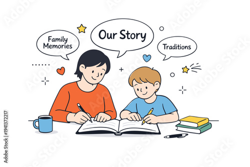 Family storytelling journal. A parent and child sit at a table writing memories into a notebook, small speech bubbles with words like ?Our Story? floating