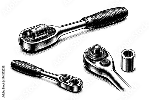 Socket wrench A mechanical ratchet socket wrench with a textured handle and detachable cylindrical socket head constructed with realistic industrial