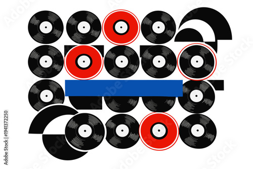 Black and white repeating vinyl record discs arranged in structured grid pattern, bold red circular accents highlighting selected records, flat blue