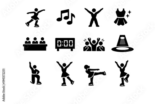 Figure Skating Performance. Solid icon set of Figure Skating Performance: choreographed routine, music notes, expressive arms, costume sparkle, judges panel,