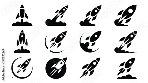 Black silhouette rocket launch logo and icon collection on white background for startup business branding