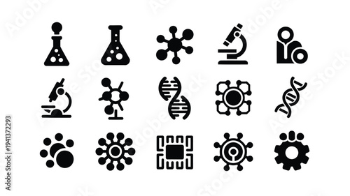 Science and technology icons set including dna beakers microscope and gears on white background