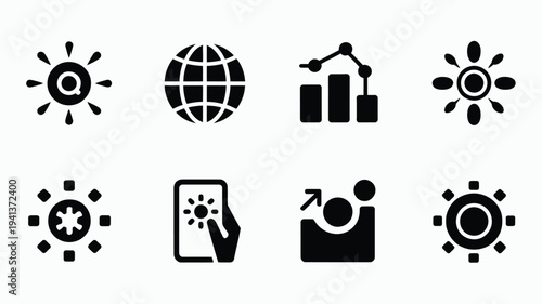 Digital startup innovation concept with various icons on gray background representing technology and business growth
