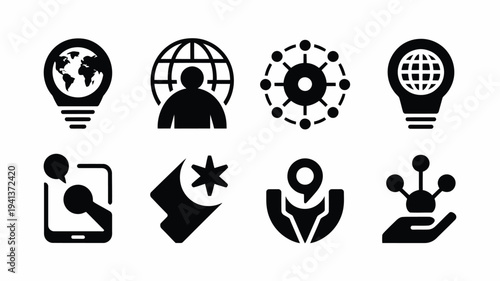 Digital startup innovation concept with silhouette icons for technology and global communication