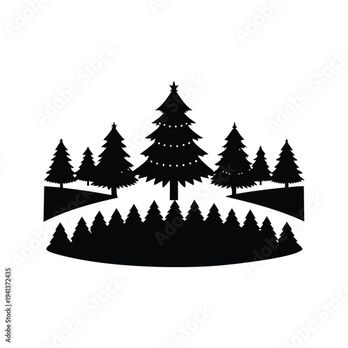 Silhouette of a festive forest a large central tree and smaller trees around, vector illustration, christmas tree farmsilhouette vector illustration