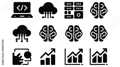 Collection of black vector graphics icons representing technology data analysis and cognitive functions on white background