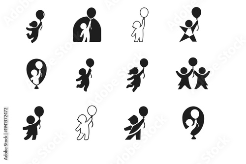 Children. Icon set. Set Logo of Children: balloon and child. harmonious logo variations of the same emblematic concept, each with different artistic