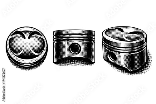 Automotive piston presented in top view, side profile, and perspective angle, accurately representing grooves, crown surface, and cylindrical volume. Black and