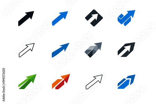 Tilt. Icon set. Set Logo of Tilt: diagonal arrow. harmonious logo variations of the same emblematic concept, each with different artistic interpretation