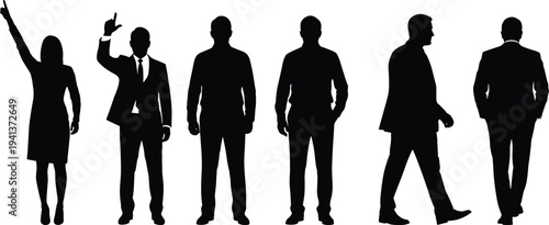 Business men and woman standing silhouettes with confident professional poses isolated vector illustration set