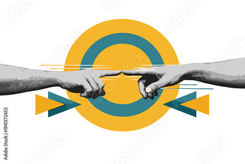 Black and white cropped forearms extending inward with fingertips nearly aligned, oversized mustard yellow and teal concentric circles radiating softly behind