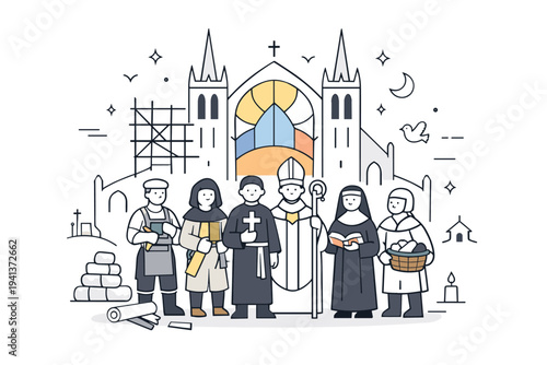 Medieval Christianity and cathedrals. Builders and clergy stand before a rising cathedral silhouette with gentle stained-glass shapes, symbolizing faith