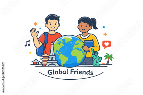 Student exchange experience connecting young people from different countries through shared learning and friendship. Two students stand beside a globe with