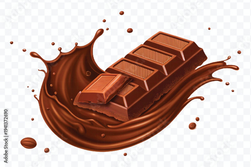 realistic 3d chocolate bar into liquid chocolate splash with bubbles in curve style isolated on transparent background