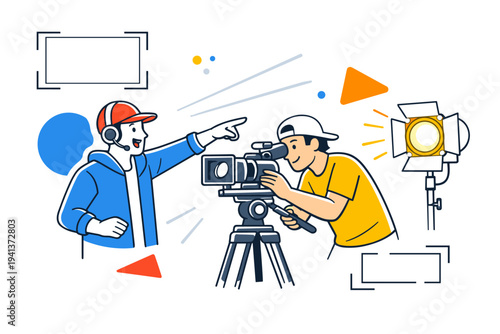 Director and cinematographer collaboration on set. A director gestures toward the scene while the cinematographer adjusts the camera on a tripod, a bright