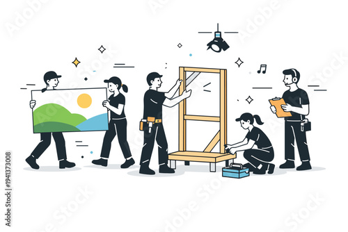 Backstage preparation before the premiere. A small team of stagehands carries painted flats and adjusts simple wooden scenery, exchanging focused glances and