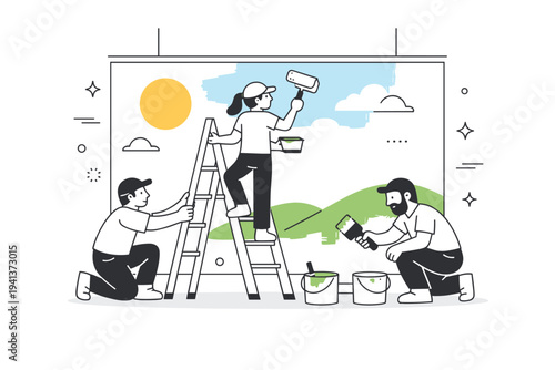 Building and painting scenery. Two stagehands paint a large backdrop with simple landscape shapes while another secures a ladder, showing careful collaboration