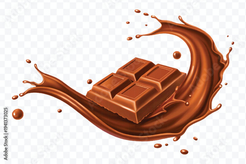realistic 3d chocolate bar into liquid chocolate splash with bubbles in curve style isolated on transparent background
