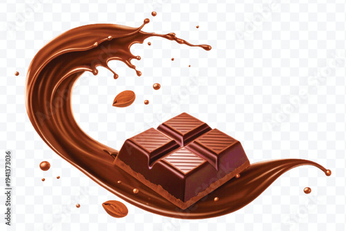 realistic 3d chocolate bar into liquid chocolate splash with bubbles in curve style isolated on transparent background