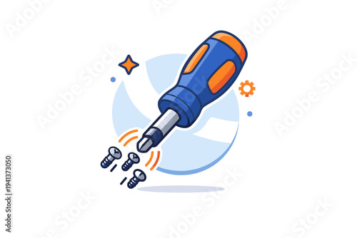 Magnetic screwdriver tip and grip combination enhancing precision assembly tasks. A compact badge style scene with a screwdriver attracting small screws
