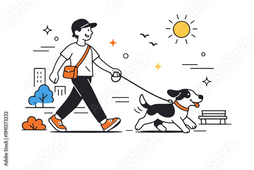 Vibrant dog walking scene. A person confidently walking a dog on a leash, smooth movement and everyday joy, urban routine with an optimistic mood. Dynamic
