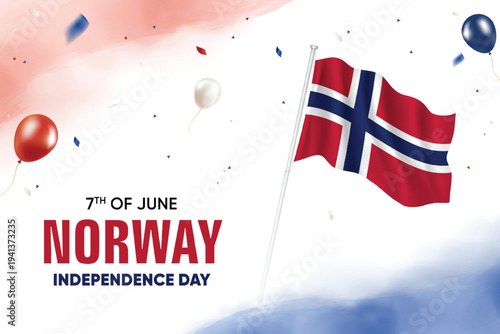 Norway Independence Day. Norway Flag Waving With Floating Balloons On Watercolor Grunge Backgorund Design Vector Illustration.