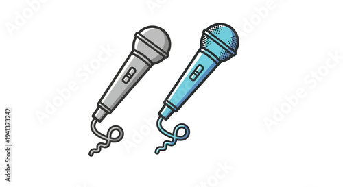 Two stylized microphones with corded cables in contrasting colors.