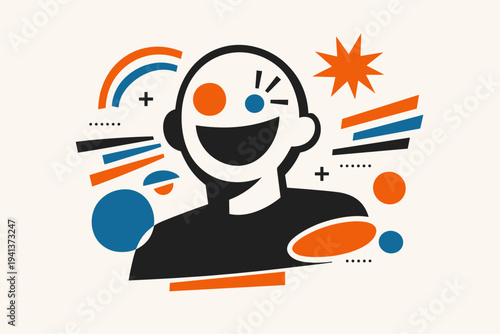 Minimalist modern-retro graphic collage depicting joyful laughter, black and white faceless character with abstract facial elements made of lines, circles, and