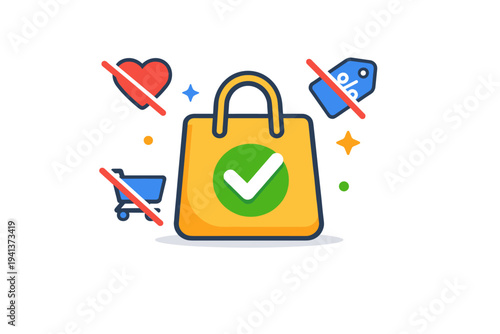 Conscious shopping mindset emphasizing buying less and choosing better, illustrated by a simplified shopping bag with a checkmark and crossed-out impulse