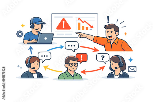 IT outage crisis room visualized with a stressed team lead pointing at a dashboard while small chat bubbles and arrows connect roles, conveying communication