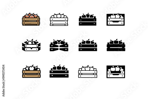 apple crate. Icon set. Set Logo of apple crate: harvest crate emblem. harmonious logo variations of the same emblematic concept, each with different artistic