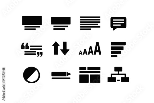 Typographic Hierarchy. Solid icon set of Typographic Hierarchy: h1 text block, h2 text block, body text block, caption text, quote block, hierarchy arrows,