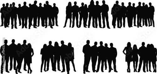 Crowd of people group silhouettes standing together community team concept isolated vector illustration collection