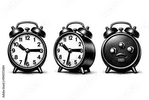 Alarm clock ? minimalist analog alarm clock with cylindrical body and short support feet, represented in frontal view, three-quarter angle, and rear view to