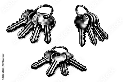 House key set depicted as a classic residential key group with standard bow heads and precise cut grooves, unified as one object. Black and white dot style