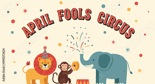 Colorful circus animals celebrate april fools' day with festive decorations and confetti