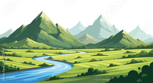 Serene landscape of a winding river flowing through a lush green valley with majestic mountains in the background under a bright sky with many people in the distance.