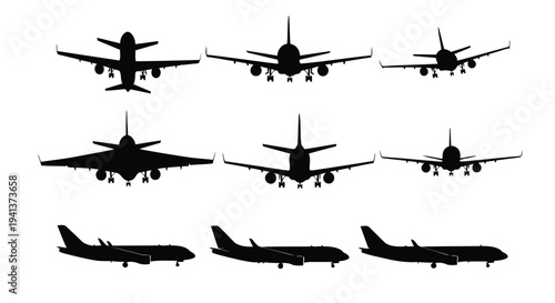 Diverse types of military and commercial aircraft silhouettes in black and white