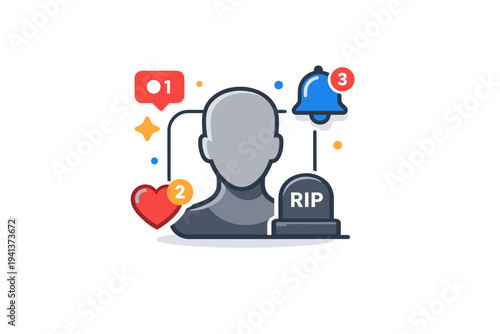 Dead person social media digital afterlife expressed through a silent profile avatar surrounded by lingering notifications, conveying absence, memory and
