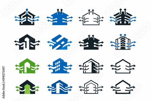 Designing buildings for improved air quality and ventilation. Icon set. Set Logo of Designing buildings for improved air quality and ventilation: building