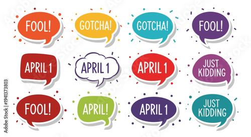 Colorful april fools' day speech bubbles with confetti on white background for prank messages